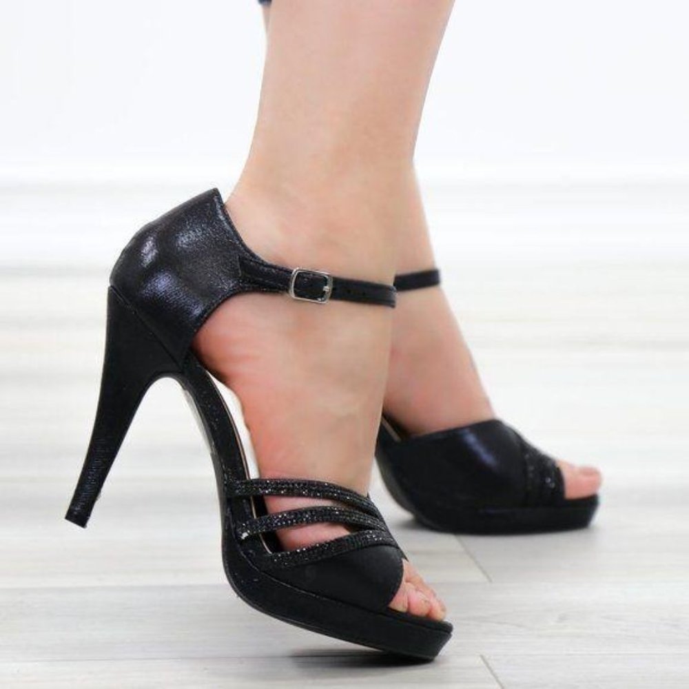 Shimmery Black Satin Platform Heeled Stiletto Sandal - Picture 10 of 11